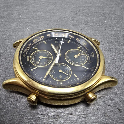 Seiko World Time Watch Men 37mm Black Dial Gold Tone Alarm Date 5T52-6A39 PARTS74