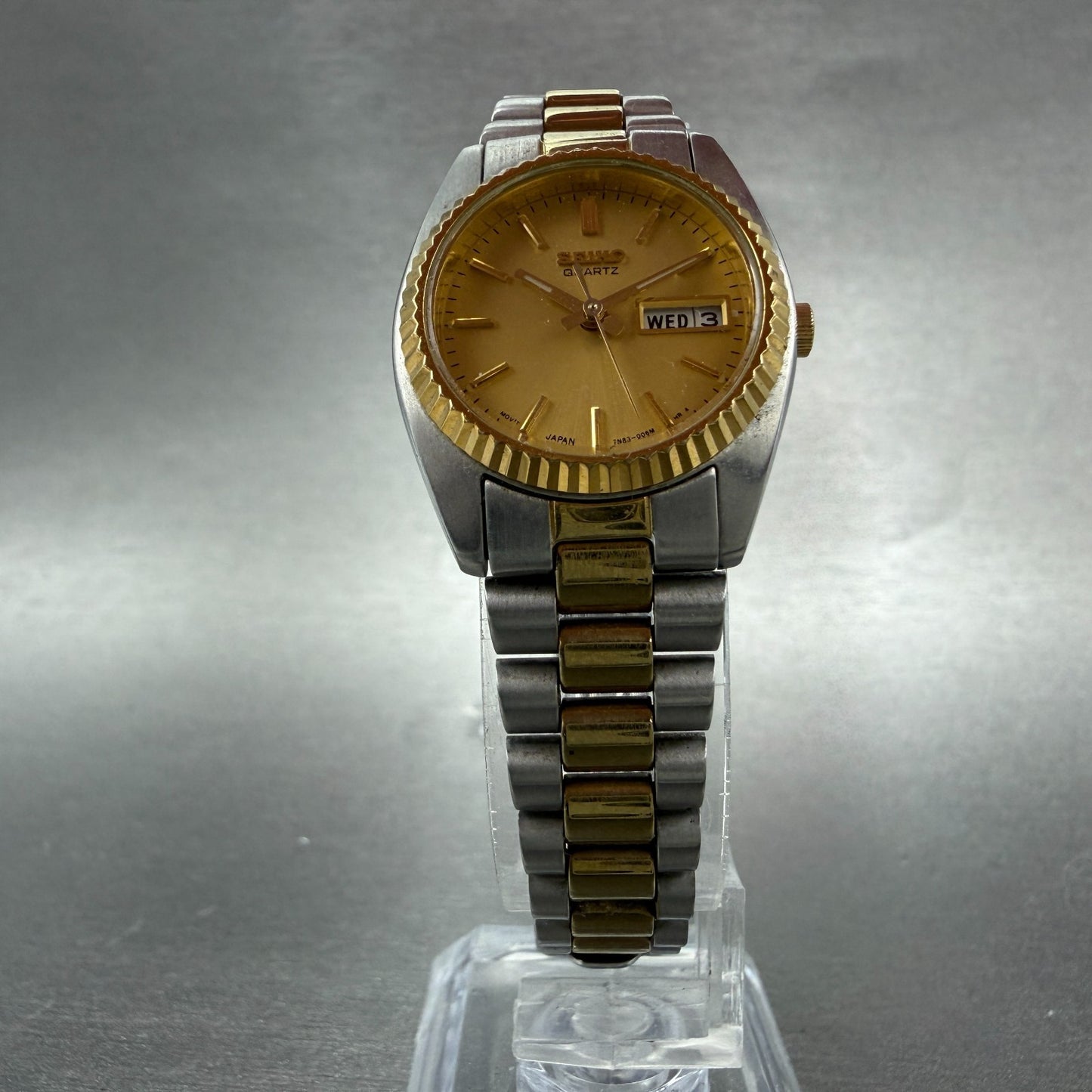 Seiko Watch Women 24mm Gold Dial Two Tone Daydate Round 7n83-0041 New Battery L65
