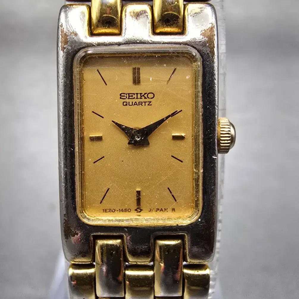 Seiko Tank Watch Women 13mm Gold Dial Gold Tone Rectangle 1E20-5839 New Battery1