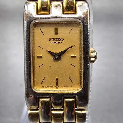 Seiko Tank Watch Women 13mm Gold Dial Gold Tone Rectangle 1E20-5839 New Battery1