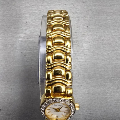 Bulova Watch Women 16mm Ivory Dial Gold Tone Gemmed Oval 98R37 New Battery4