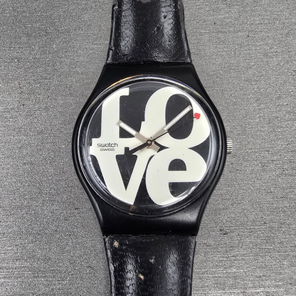 Swatch Enigmatic Love Watch Men 35mm White Dial Black Case Round GB218 New Batt0