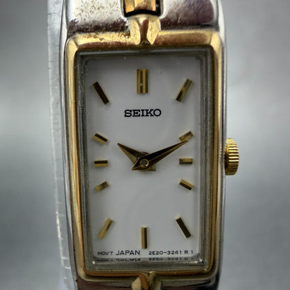 Seiko Watch Women 13mm White Dial Two Tone Rectangle 2E20-7479 New Batt NBT841