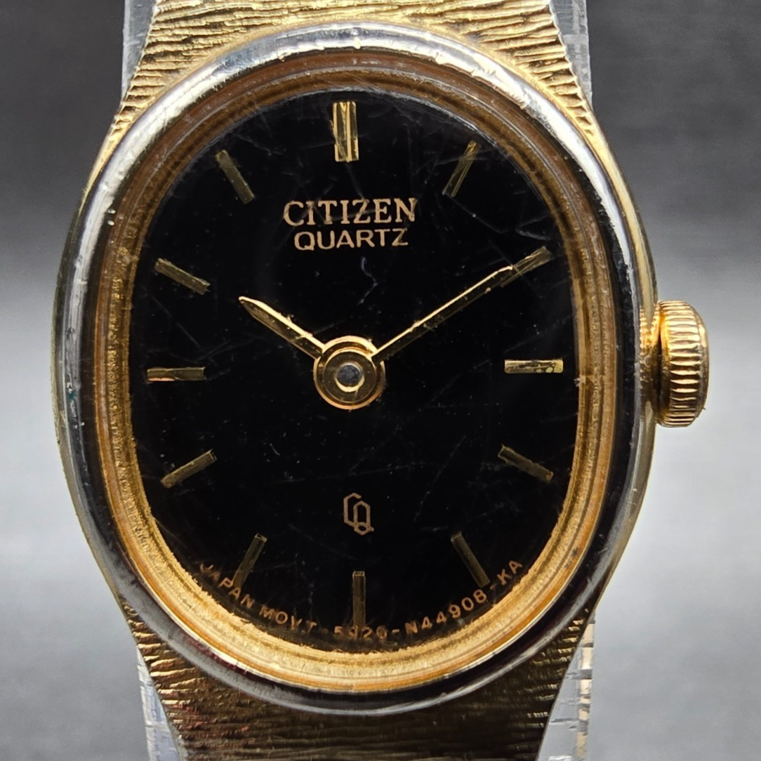 Citizen CQ Watch Women 16mm Black Dial Gold Tone Oval 5920-S49615 New Battery JF1