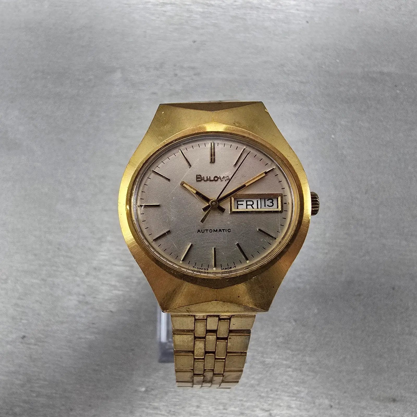 Bulova Automatic Watch Men 35mm Silver Dial Gold Tone Daydate Round N7 PARTS VTG2