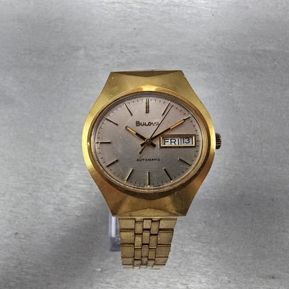 Bulova Automatic Watch Men 35mm Silver Dial Gold Tone Daydate Round N7 PARTS VTG2