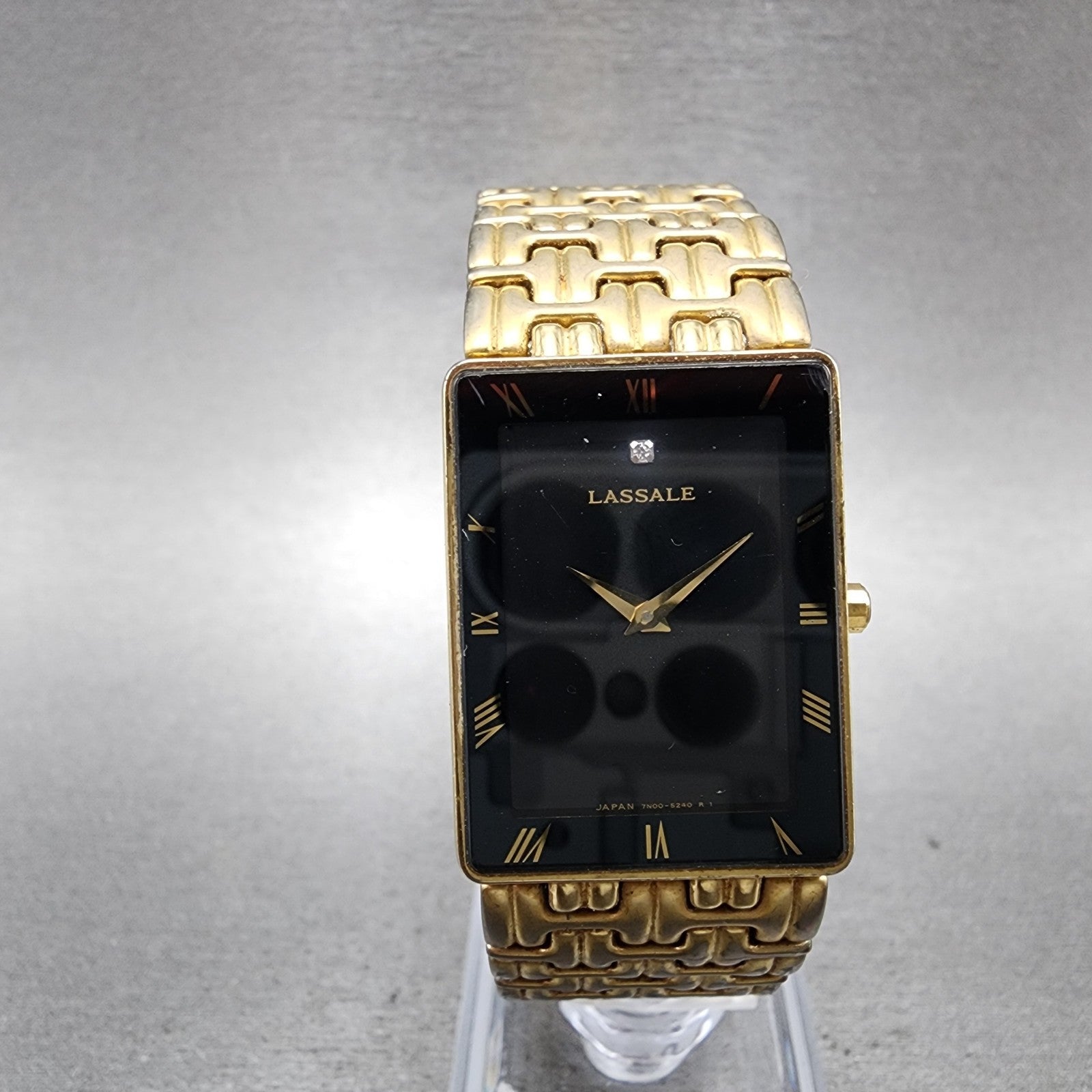 Seiko Lasselle Tank Watch Men 23mm Black Dial Gold Tone 7n005239 New Battery0