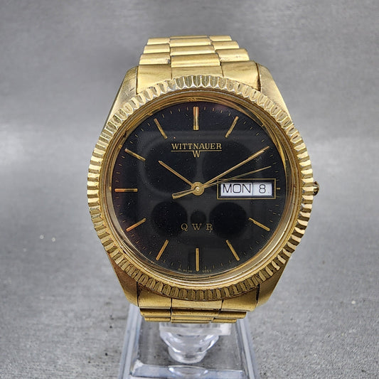 Wittnauer President Watch Men 35mm Black Dial Gold Tone Daydate BL9639 New Batt0