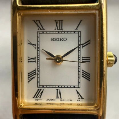Seiko Watch Women 18mm White Dial Gold Tone Rectangle 1N01-5G40 New Battery VTG1