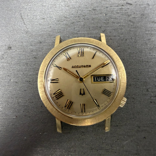 Bulova Accutron Watch Men Gold Dial 14k Gold Filled Daydate N1 PARTS0