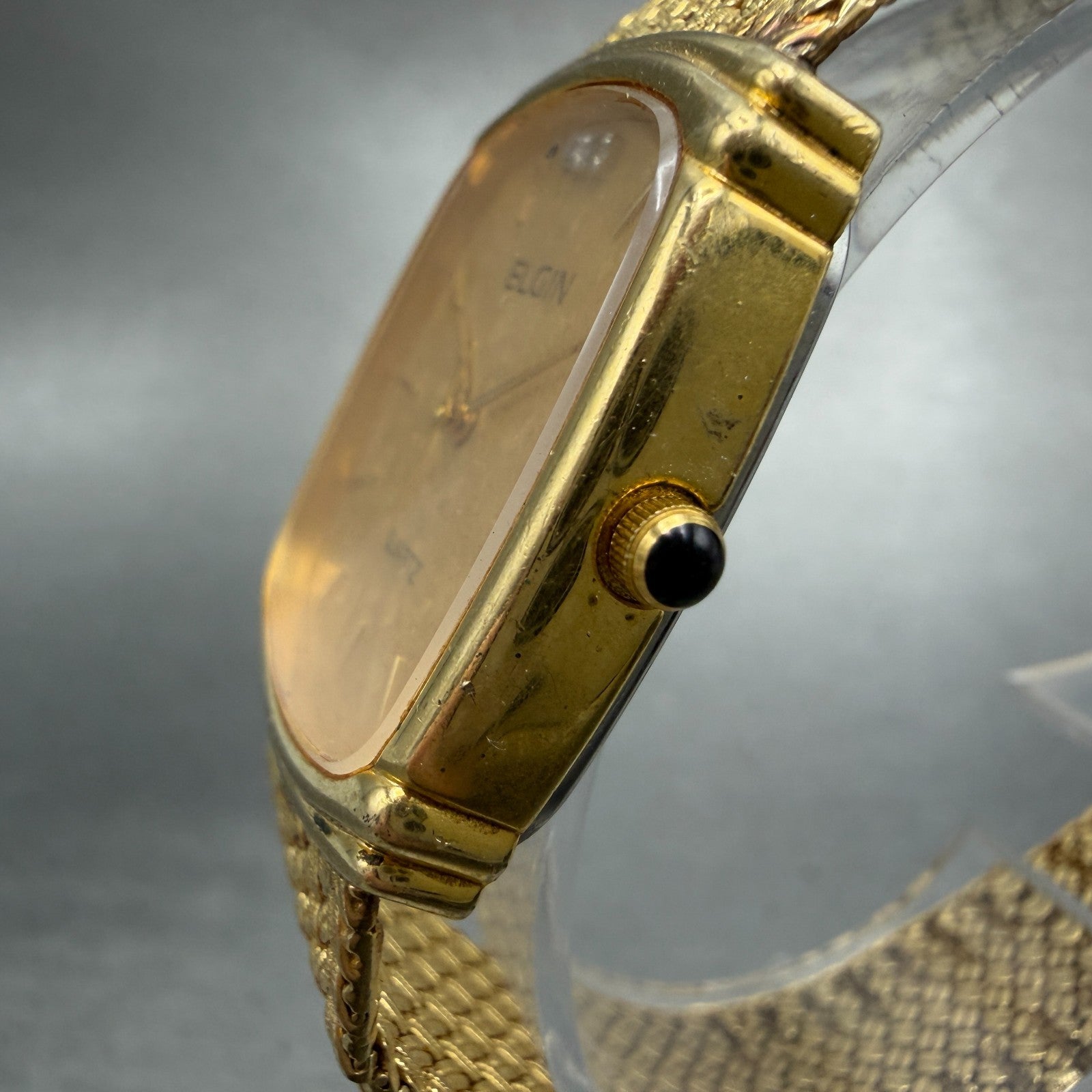 Elgin Watch Men 26mm Gold Dial Gold Tone Rectangle FK282 New Battery VTG2