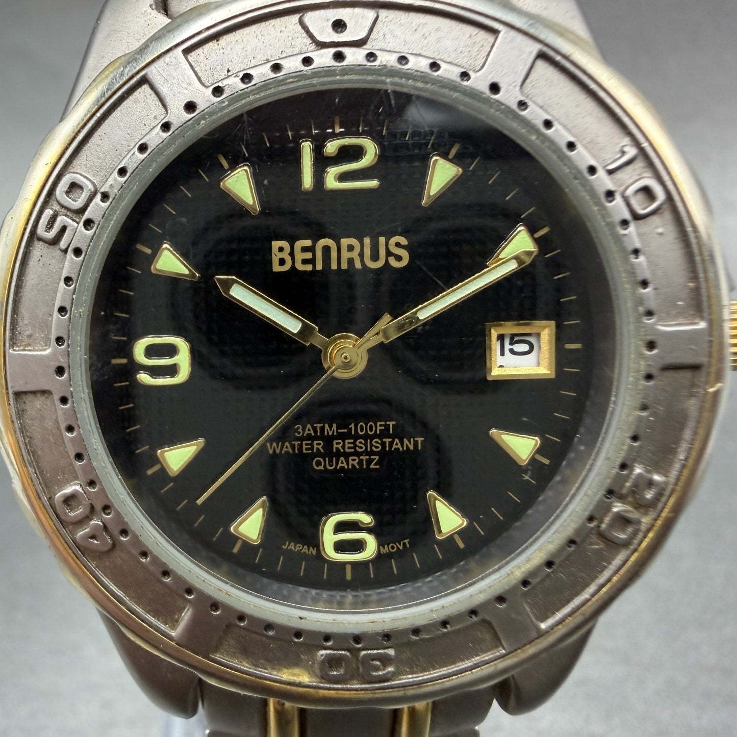 Benrus Watch Women 39mm Black Dial Two Tone Date Round New Battery Vintage1