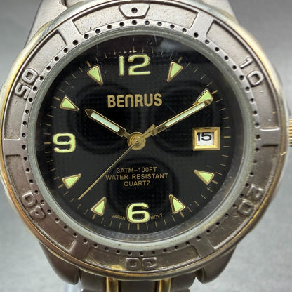 Benrus Watch Women 39mm Black Dial Two Tone Date Round New Battery Vintage1