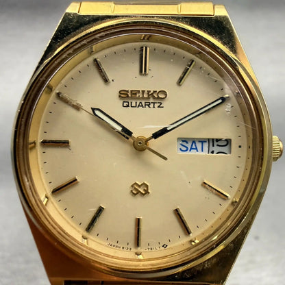 Seiko SQ Watch Men 35mm Champagne Dial Gold Tone Daydate Round 8123-7239 New Bat1