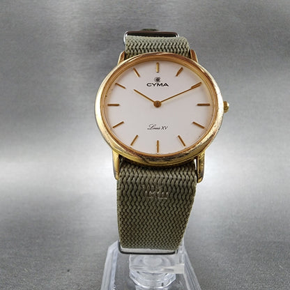 Cyma Louis XV Watch Men 32mm White Dial Gold Tone Round Nato Strap New Battery