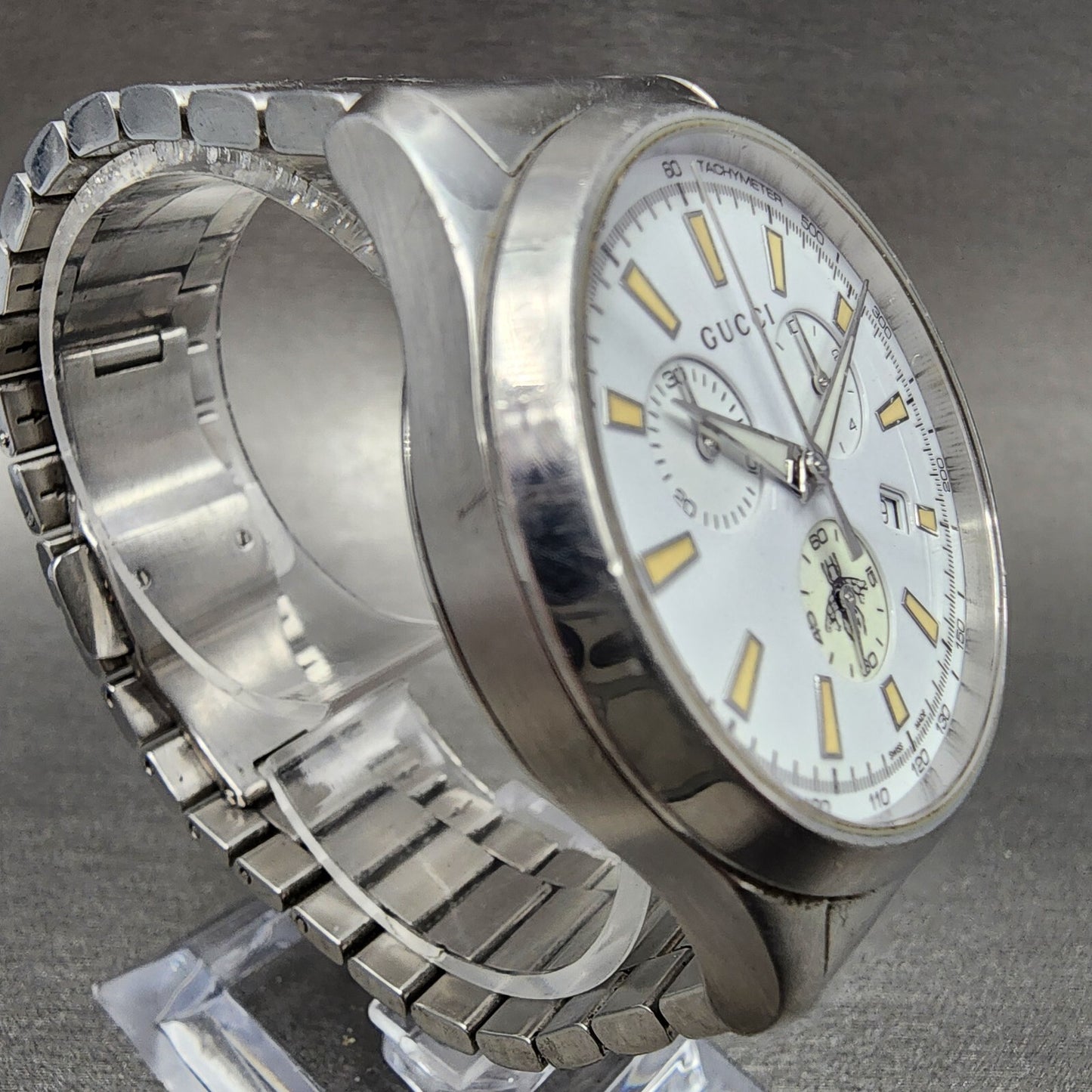 Gucci G-Timeless Chronograph Watch Men 39mm White Dial Steel Date Round New Batt