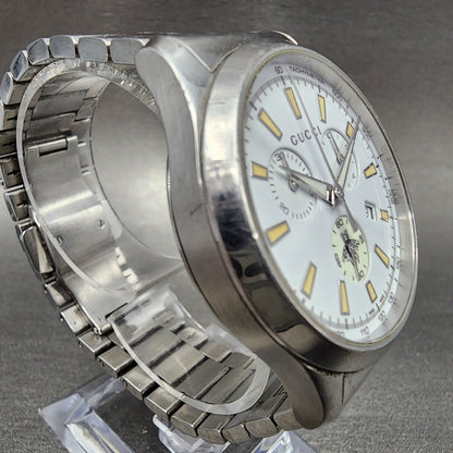 Gucci G-Timeless Chronograph Watch Men 39mm White Dial Steel Date Round New Batt