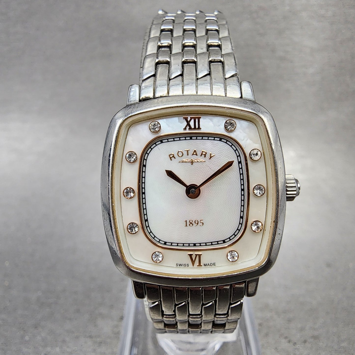 Rotary Ultra Slim Watch Women 23mm MOP Dial Two Tone Rectangle New Battery0