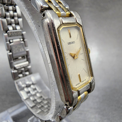 Seiko Tank Watch Women 14mm Cream Dial Two Tone Rectangle 2E207430 New Battery3