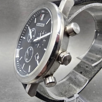 Citizen Eco-Drive Chronograph Watch Men 39mm Black Dial Steel Date Round JDM2