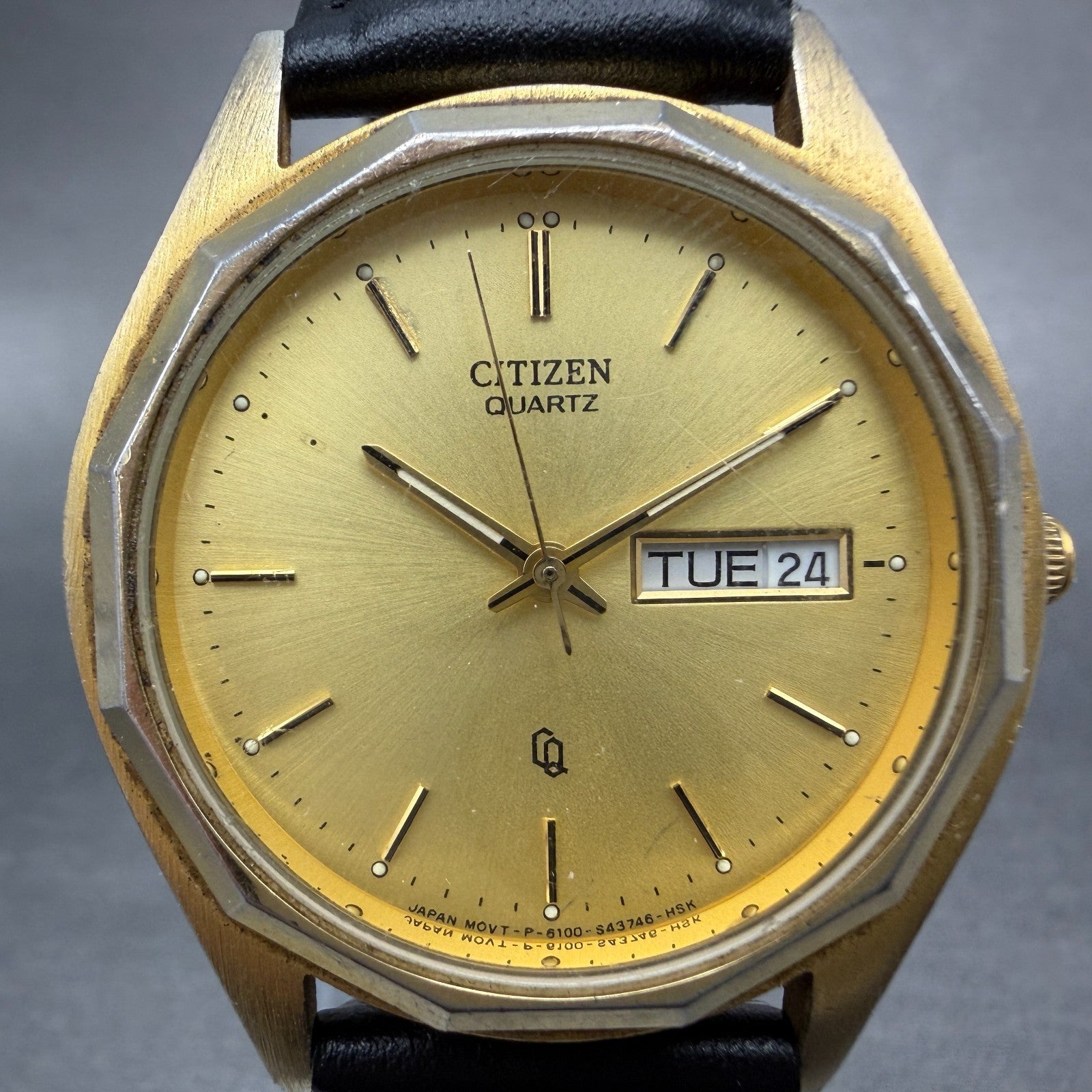 Citizen CQ Watch Men 35mm Gold Tone Gold Tone Daydate 6100-S16725 New Battery1