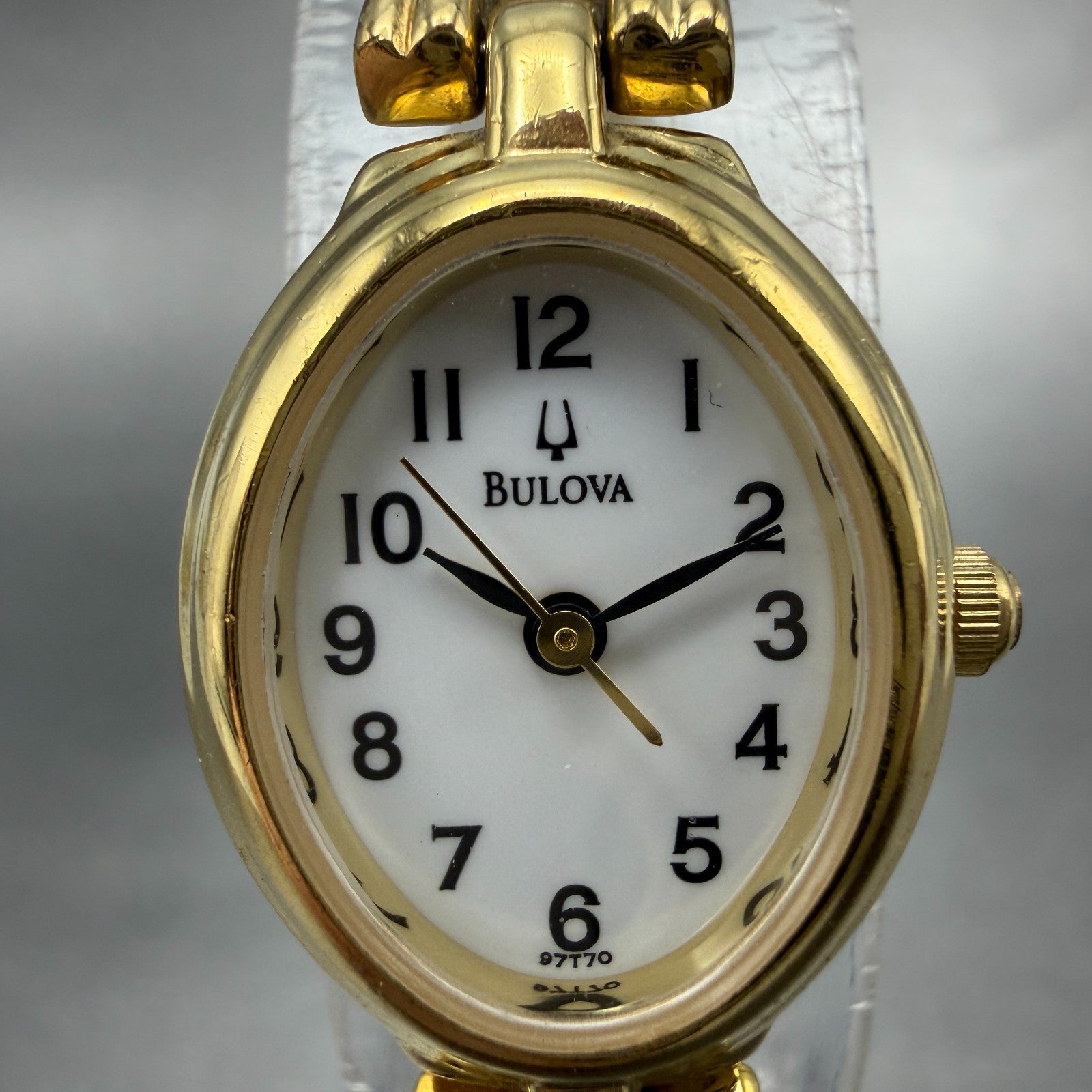 Bulova Watch Women 17mm White Dial Gold Tone Oval 97T70 New Battery Vintage1