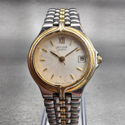 Bulova Watch Women 24mm White Dial Two Tone Date Round 98M02 New Battery Vintage0