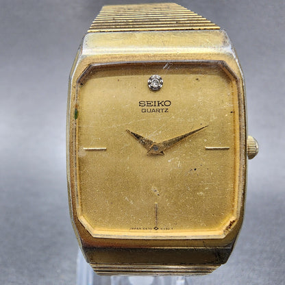 Seiko Watch Men 26mm Gold Dial Gold Tone Rectangle 6530-5089 New Battery