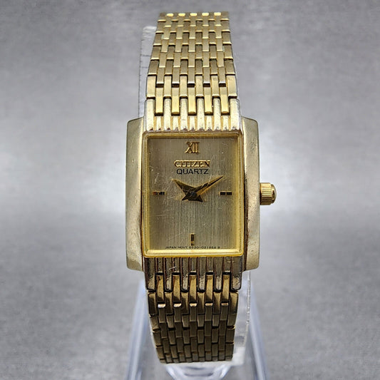 Citizen Tank Watch Women 17mm Champagne Dial Gold Tone Rectangle New Battery0