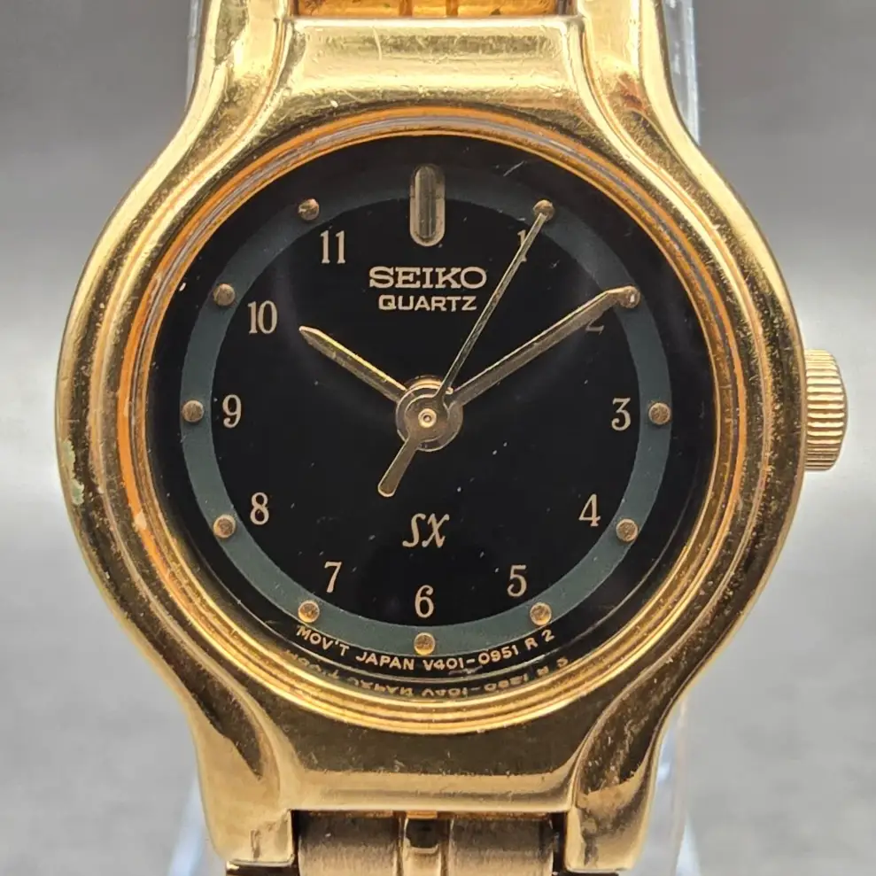 Seiko SX Watch Women 19mm Black Dial Gold Tone Round V401-0281 New Battery VTG1