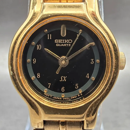 Seiko SX Watch Women 19mm Black Dial Gold Tone Round V401-0281 New Battery VTG1
