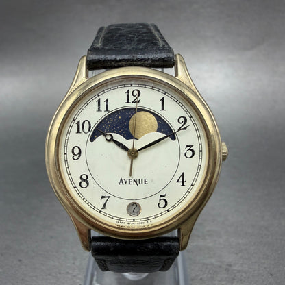 Seiko Avenue Moon Phase Watch Unisex 32mm White Dial Gold Tone Date New Battery0