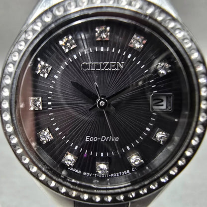 Citizen Eco-Drive Silhouette Crystal Watch Women 26mm Black Dial Steel Date Runs1
