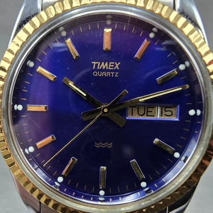 Timex President Watch Men 34mm Blue Dial Two Tone Daydate Round New Battery1