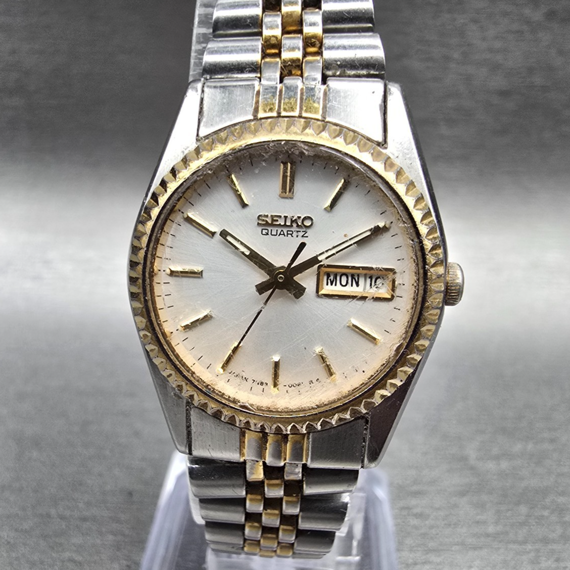 Seiko Watch Women 24mm Silver Dial Two Tone Daydate Round 7N83-0049 New Batt JP50