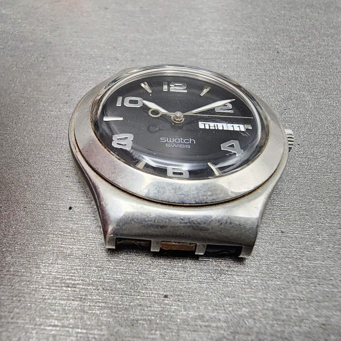 Swatch irony Watch men 38mm Black Dial Steel Daydate Round YGS737 New Battery6