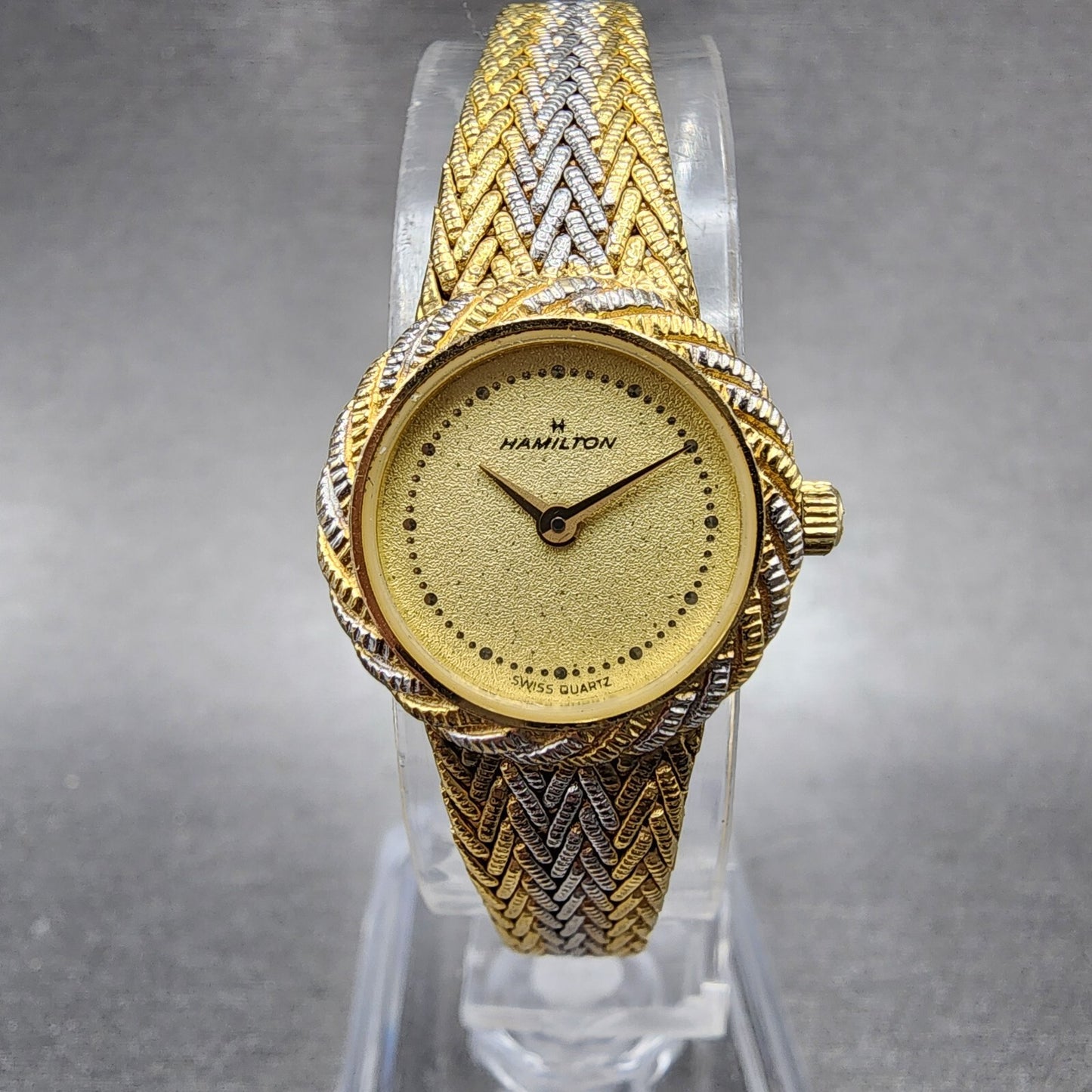 Hamilton Watch Women 19mm Gold Dial Two Tone Round Mesh Band  New Battery0