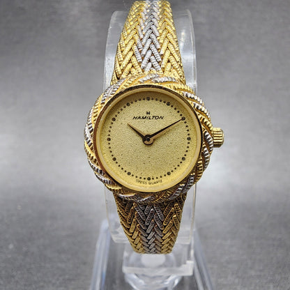 Hamilton Watch Women 19mm Gold Dial Two Tone Round Mesh Band  New Battery0