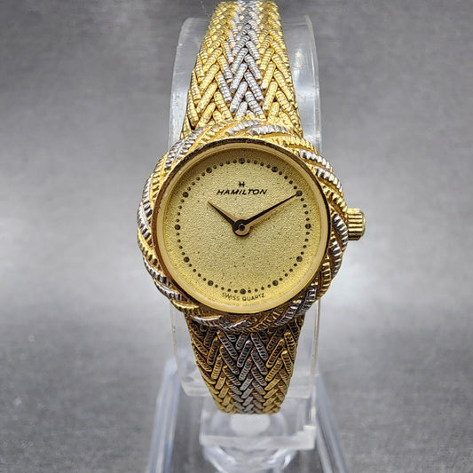 Hamilton Watch Women 19mm Gold Dial Two Tone Round Mesh Band  New Battery0