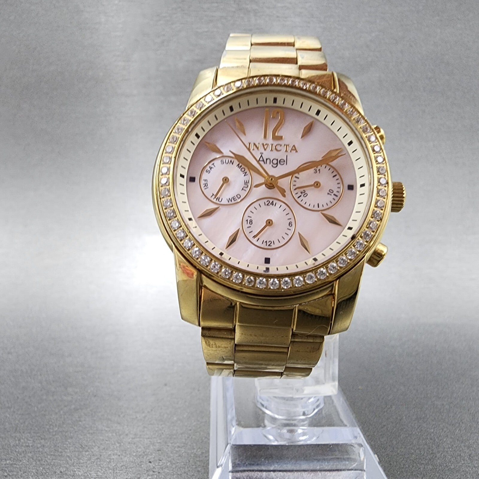Invitca Angel Watch Women 38mm MOP Dial Gold Tone Daydate Round New Battery5