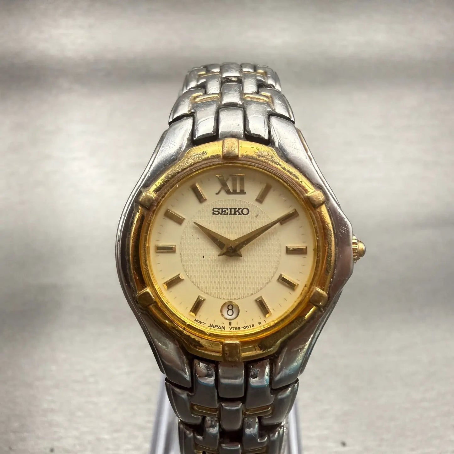 Seiko Watch Women 26mm Champagne Dial Two Tone Date Round V789-0369 New Battery0