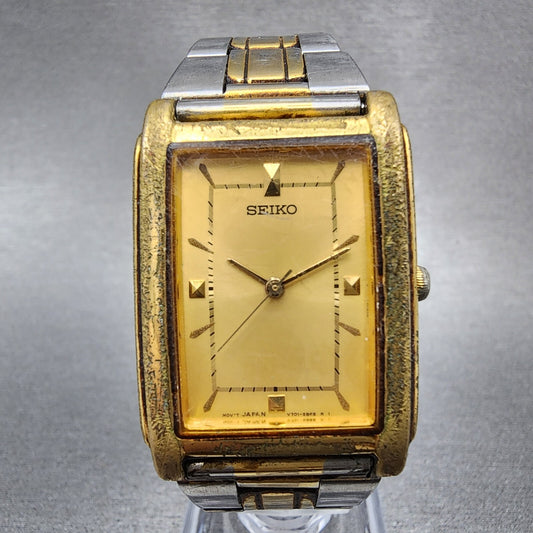 Seiko Tank Watch Men 26mm Champagne Dial Two Tone V701-5e40 New Battery