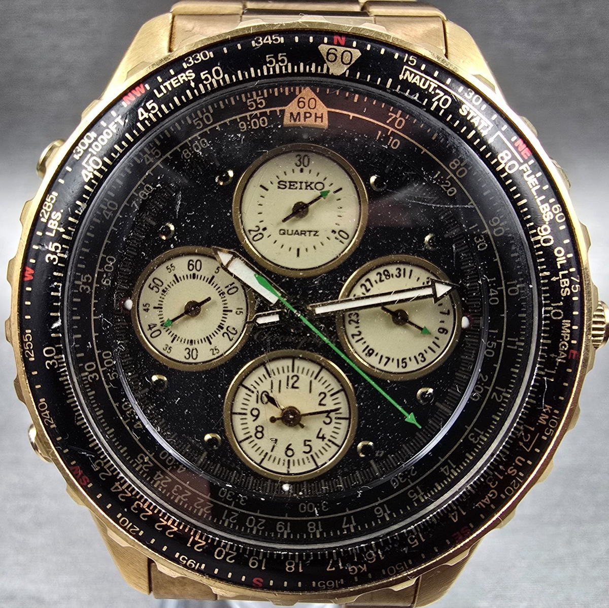 Seiko Flightmaster Watch Men 41mm Black Dial Two Tone Chrono 7A28-7029 New Batt1