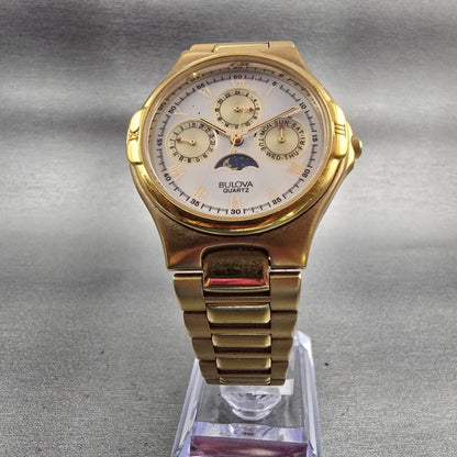 Bulova Moon Phase Watch Men 35mm White Dial Gold Tone Daydate 92D54 New Battery5