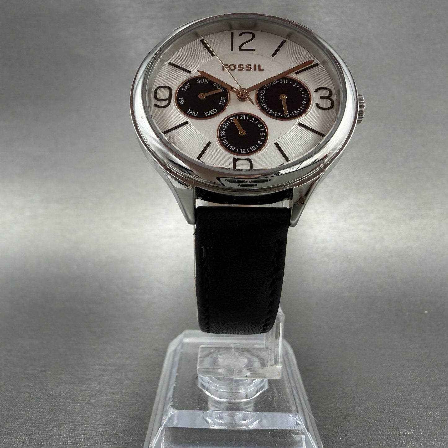 Fossil Watch Women 36mm White Dial Silver Tone Daydate Round BQ3248 New Battery5
