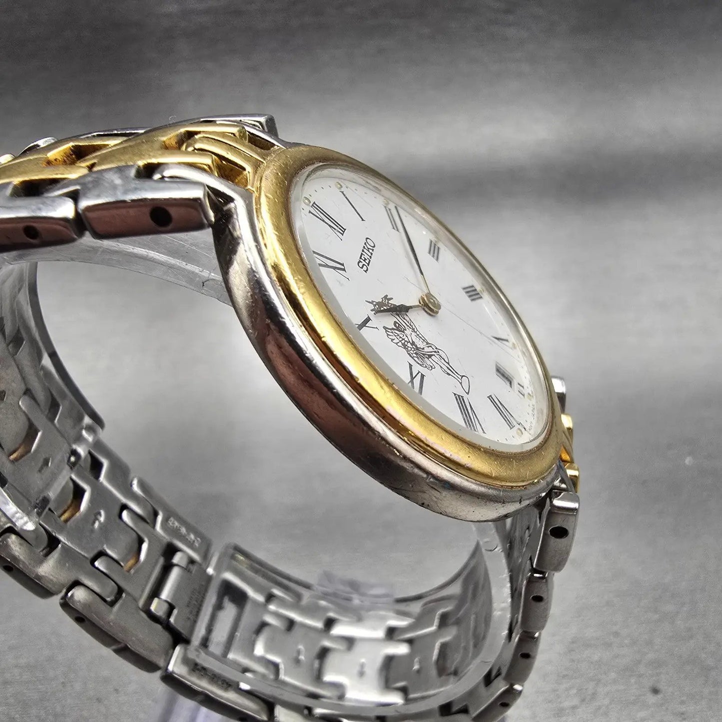 Seiko Watch Men 34mm White Dial Two Tone Date Round 7N39-7029 New Battery VTG3