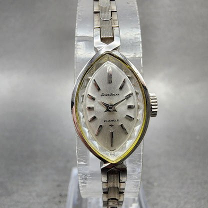 Seiko Solar Watch Women 15mm White Dial White Gold Plated Manual Wind Runs VTG0