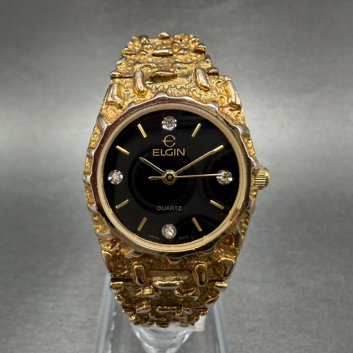 Elgin Watch Women 25mm Black Dial Gold Nugget Case Tone New Battery VTG ABC0