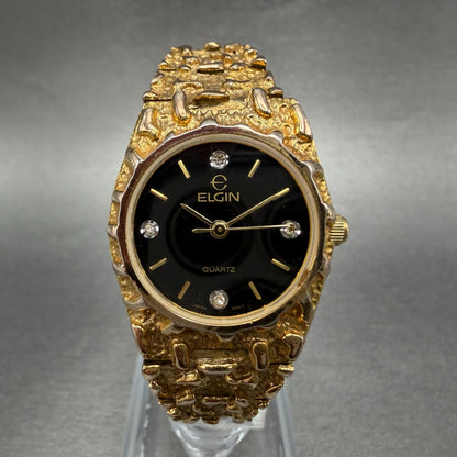 Elgin Watch Women 25mm Black Dial Gold Nugget Case Tone New Battery VTG ABC0