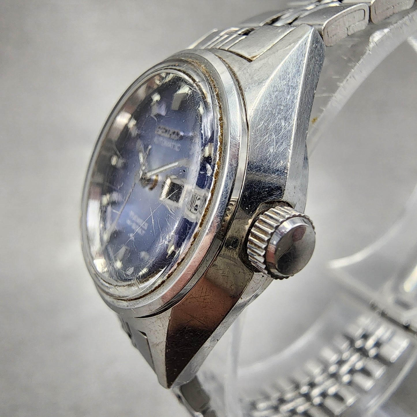 Seiko Automatic Watch Women 25mm Blue Dial Silver Tone Daydate READ!!! 2206 Runs2